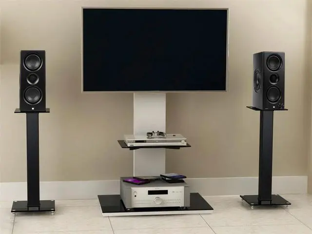 Alt view image 11 of 11 - Monoprice Elements Speaker Stand - 28 Inch (Pair) With Cable Management, Strong Tempered Glass Base With Floor Spikes