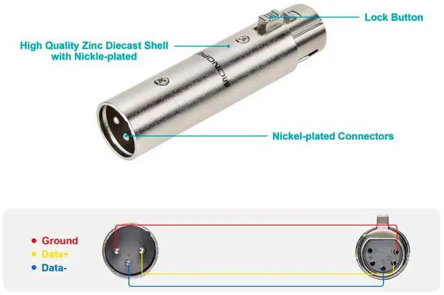 Alt view image 4 of 6 - Monoprice 5-Pin Male to 3-Pin Female DMX Converter - Silver | Anodized Aluminum Adapter With Lock Release Button