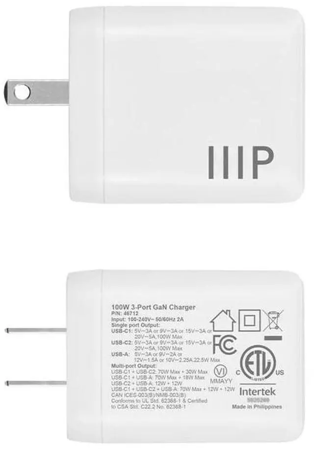 Alt view image 3 of 6 - Monoprice 3Port 100W GaN Charger with 2 USB-C & 1 USB-A Ports: For Laptop, Tablets, and Phones