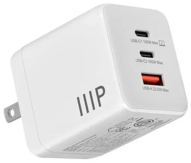 Main image of Monoprice 3Port 100W GaN Charger with 2 USB-C & 1 USB-A Ports: For Laptop, Tablets, and Phones