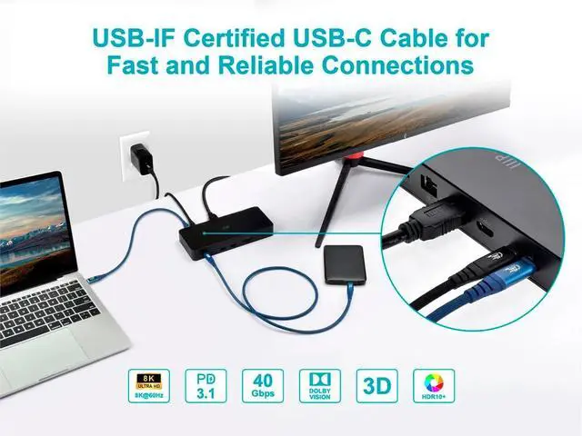 Alt view image 6 of 6 - Monoprice USB4 40Gbps Cable 240W EPR, 8K HDR, USB-IF Certified, Braided, Ultra High-Speed, 3ft, Navy