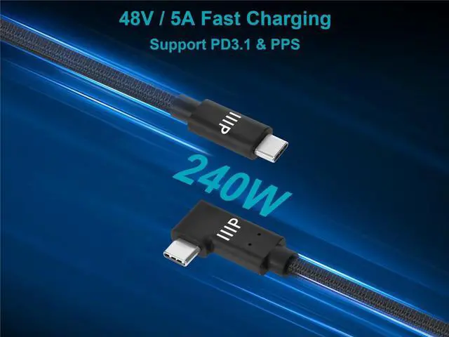 Alt view image 3 of 6 - Monoprice USB4 20Gbps Cable 240W EPR, 4K60Hz, Braided, Ultra High-Speed, Right-Angle Connector, 6ft, Black