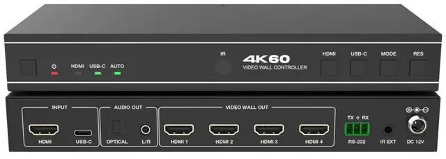 Alt view image 4 of 6 - Monoprice 4K60 2X2 Video Wall Controller with HDMI, Plus IR Control and RS232 Support