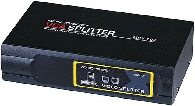 Main image of Monoprice 3569 2-Way SVGA VGA Splitter Amplifier Multiplier 400 MHz - Black