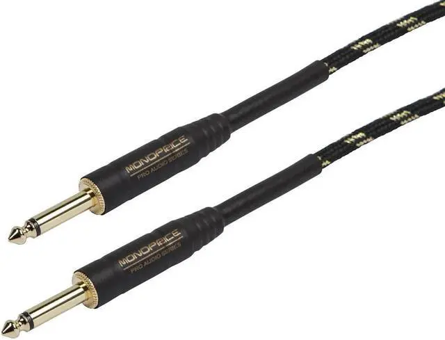 Main image of Monoprice Braided Cloth 1/4 Inch (TS) Male 20AWG Instrument Cable Cord - 35 Feet- Black (Gold Plated)