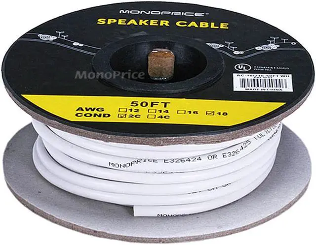 Alt view image 2 of 8 - Monoprice Speaker Wire, CL2 Rated, 2-Conductor, 18AWG, 50ft, White