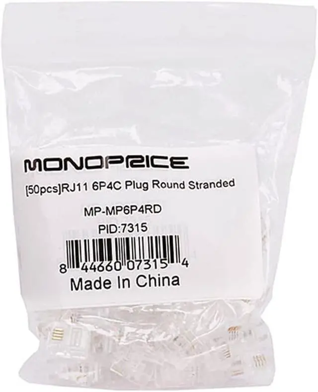 Alt view image 3 of 9 - Monoprice 6P4C RJ11 Plug (50 Pieces/Pack) Clear Plastic Housing For Stranded Wire, Round Phone Cables