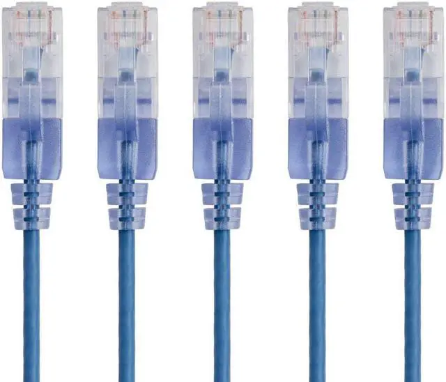 Main image of Monoprice SlimRun Cat6A Ethernet Patch Cable - Network Internet Cord - RJ45, 550Mhz, UTP, Pure Bare Copper Wire, 10G, 30AWG, 7ft, Blue, 5-Pack