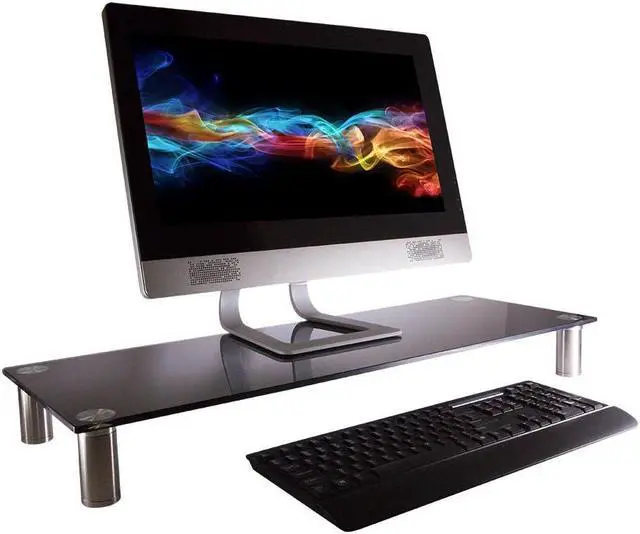 Alt view image 2 of 18 - Monoprice Large Multimedia Desktop Stand - Black Glass (30.8 x 11in) Stand & Riser, Desktop TV Stand, Dual Monitors w/ Height Adjustable Legs