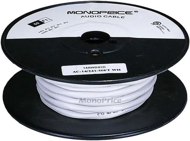 Alt view image 2 of 4 - Monoprice Access Series 14 Gauge AWG CL2 Rated 2 Conductor Speaker Wire / Cable - 50ft Fire Safety In Wall Rated, Jacketed In White PVC Material 99.9% Oxygen-Free Pure Bare Copper