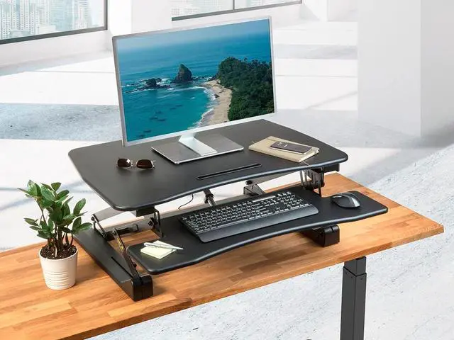 Alt view image 2 of 8 - Monoprice Electric Sit-Stand Riser Desk Converter - Black (35.4 x 23.2in) Table Top for Single Display, Height Adjustable 5.9"-18.9"