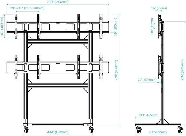 Alt view image 6 of 20 - Monoprice Commercial Series 2x2 Video Wall Mount Bracket System Rolling Display Cart with Micro Adjustment Arms For LED