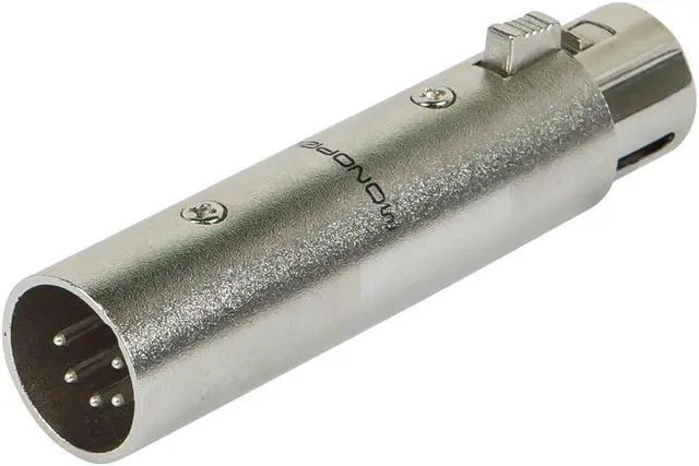Main image of Monoprice 5-Pin Male to 3-Pin Female DMX Converter - Silver | Anodized Aluminum Adapter With Lock Release Button