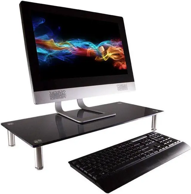 Alt view image 2 of 9 - Monoprice Medium Multimedia Desktop Stand, Black Glass 25.6" x 11.0" - Stand & Riser, Desktop TV Stand, Dual Monitors w/ Height Adjustable Legs