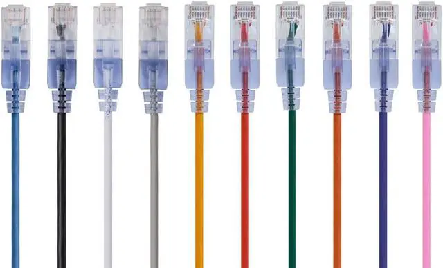Main image of Monoprice SlimRun Cat6A Ethernet Patch Cable - Network Internet Cord - RJ45, Stranded, UTP, Pure Bare Copper Wire, 30AWG, 2ft, 10-Color, 10-Pack