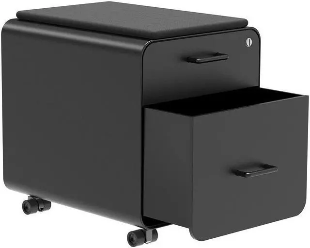 Alt view image 2 of 6 - Monoprice Round Corner 2-Drawer File Cabinet - Black, Lockable With Seat Cushion - Workstream Collection