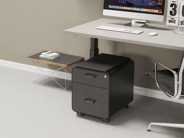 Alt view image 6 of 6 - Monoprice Round Corner 2-Drawer File Cabinet - Black, Lockable With Seat Cushion - Workstream Collection