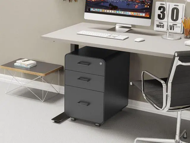 Alt view image 6 of 6 - Monoprice Round Corner 3-Drawer File Cabinet - Black With Lockable Drawer - Workstream Collection