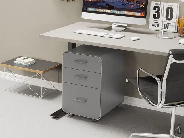 Alt view image 6 of 6 - Monoprice Round Corner 3-Drawer File Cabinet - Gray With Lockable Drawer - Workstream Collection