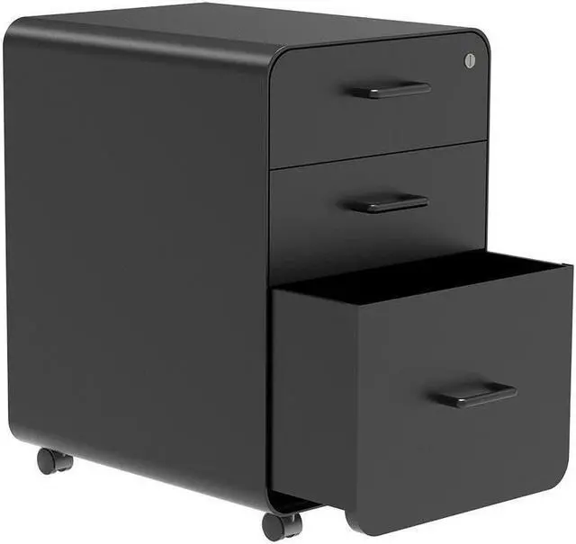 Alt view image 2 of 6 - Monoprice Round Corner 3-Drawer File Cabinet - Black With Lockable Drawer - Workstream Collection