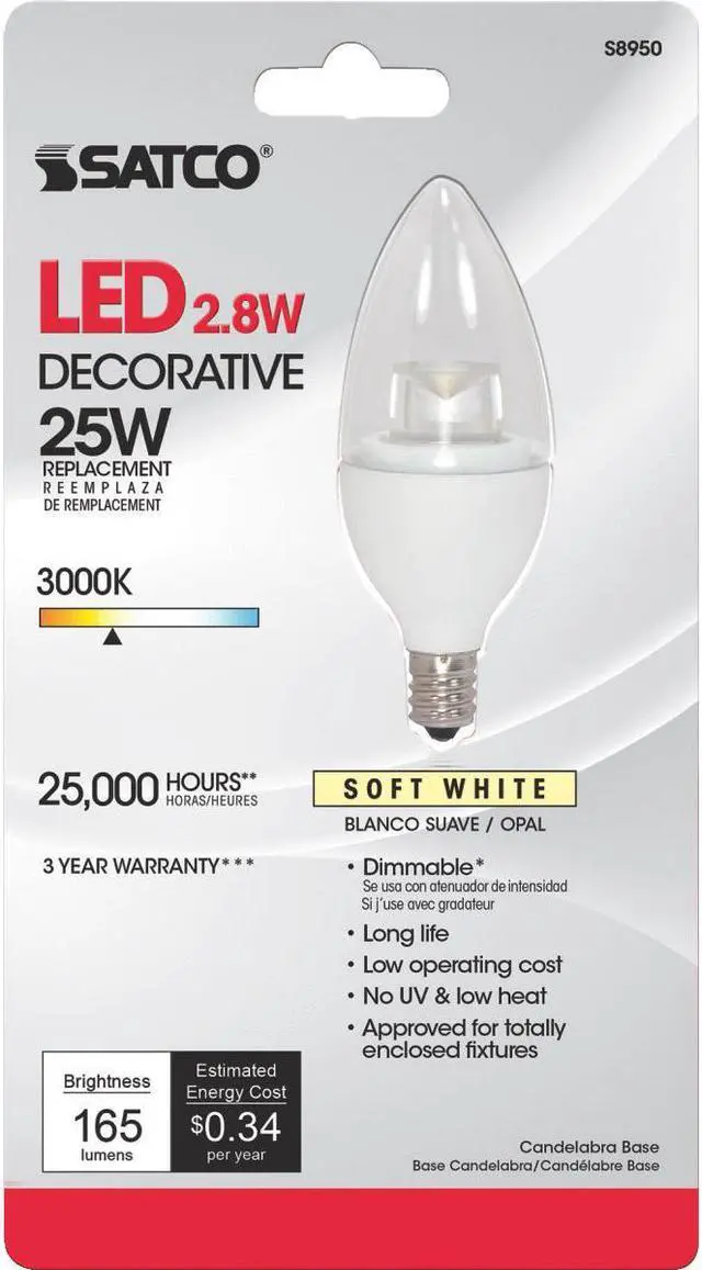 Alt view image 3 of 6 - Satco 25W Equivalent Soft White B11 Candelabra LED Decorative Light Bulb S8950