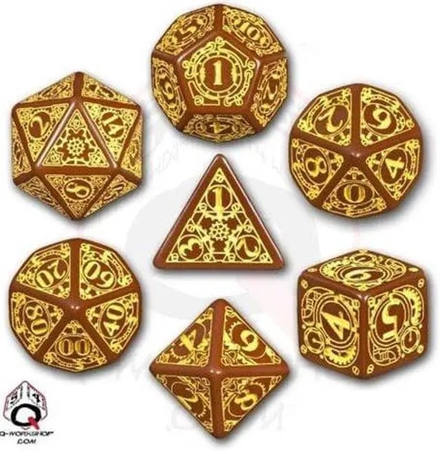 Alt view image 2 of 2 - Q-Workshop Polyhedral 7-Die Set: Carved Steampunk Dice Set (Brown & Yellow) QWOSSTE32 Q WORKSHOP