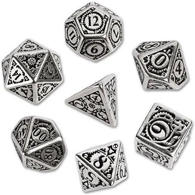 Alt view image 2 of 2 - Polyhedral 7-Die Set of Metal Dice (7): Steampunk Metal Black Design - Solid Metal Import Dice (Die QWOSMST35 Q Workshop