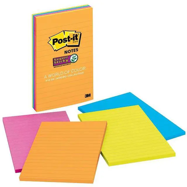 Alt view image 5 of 16 - Post-it 4621SSAU Super Sticky Rio de Janeiro Lined Pads, 4" x 6" - Assorted - Paper - Self-adhesive, Repositionable - 4/Pack