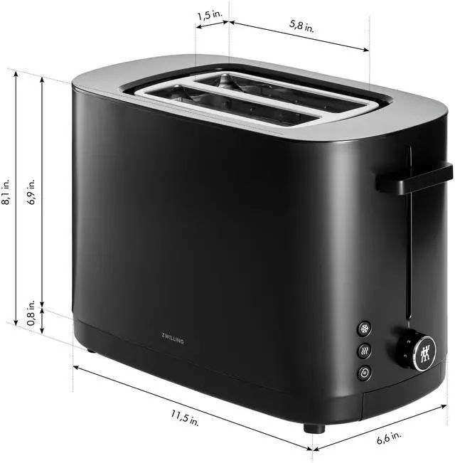 Alt view image 3 of 7 - ZWILLING Enfinigy, 2-Slice Toaster, Extra Wide 1.5" Slots for Bagels and Toast, Black
