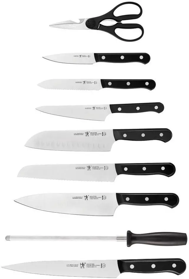 Alt view image 2 of 6 - Henckels Solution 10-pc Knife block set, Chef Knife, Paring Knife, Utility Knife, Bread Knife, Black, Stainless Steel