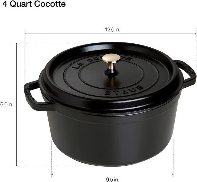 Alt view image 4 of 8 - Staub Cast Iron Round Cocotte, Dutch Oven, 4-quart, serves 3-4, Made in France, Matte Black