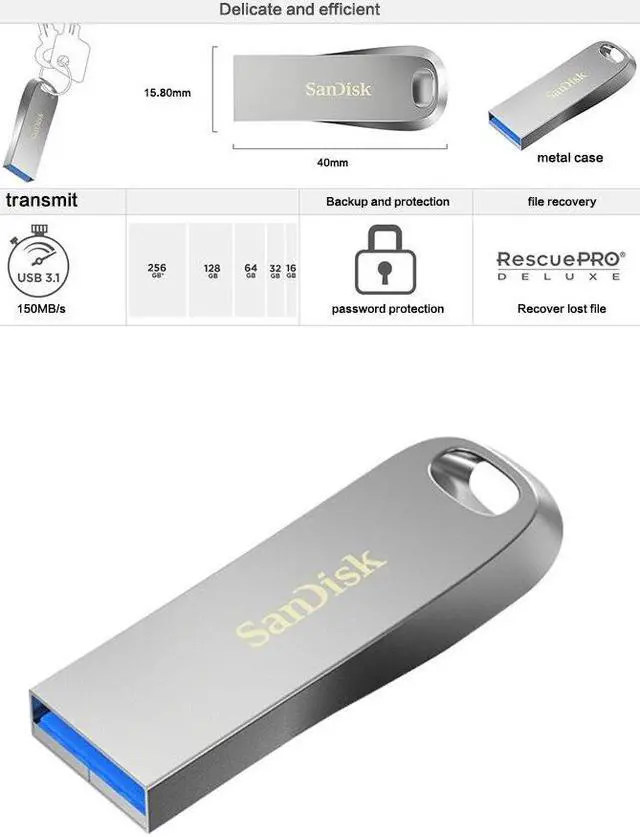 Alt view image 2 of 2 - Sandisk Ultra Luxe CZ74 128GB USB 3.1 Gen 1 150mb/s Metal Mini USB Memory Stick  USB Flash Drive