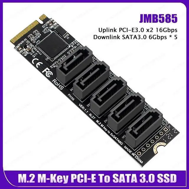 Main image of Riser Card M.2 Key JMB585 For NVME Converter With SATAIII SATA 3.0 Cable M.2 PCIe 3.0 To 5 Ports SATA III 6G SSD Adapter Card