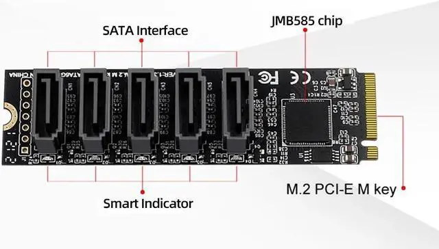 Alt view image 6 of 7 - Riser Card M.2 Key JMB585 For NVME Converter With SATAIII SATA 3.0 Cable M.2 PCIe 3.0 To 5 Ports SATA III 6G SSD Adapter Card