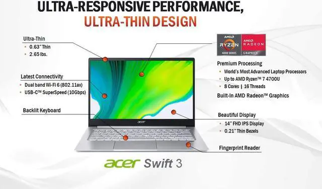 Alt view image 3 of 20 - Acer Swift 3 Thin & Light Laptop, 14" Full HD IPS, AMD Ryzen 7 4700U Octa-Core Processor with Radeon Graphics, 8GB LPDDR4, 512GB NVMe SSD, WiFi 6, Backlit Keyboard, Fingerprint Reader, SF314-42-R9YN