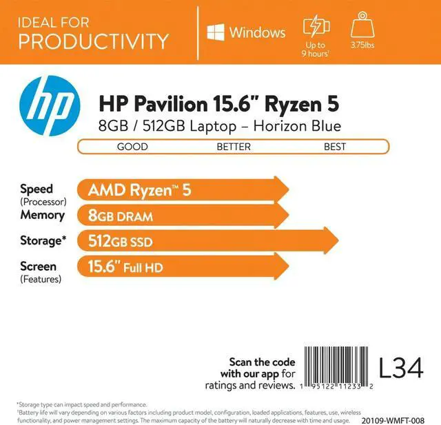 Alt view image 7 of 8 - HP Pavilion 15.6" Blue Laptop Notebook 15-eh0050wm 512GB SSD 8GB RAM Ryzen 5