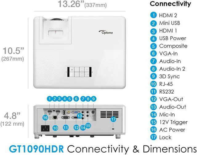 Alt view image 2 of 6 - Optoma GT1090HDR Short Throw Laser Home Theater Projector | 4K HDR Input | Lamp-Free Reliable Operation 30,000 Hours | Bright 4,200 lumens for Day and Night | Short Throw