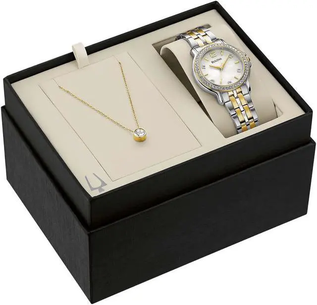 Alt view image 3 of 3 - Bulova Two-Tone Stainless Steel Ladies Watch and Crystal Stud Necklace Set
98X127