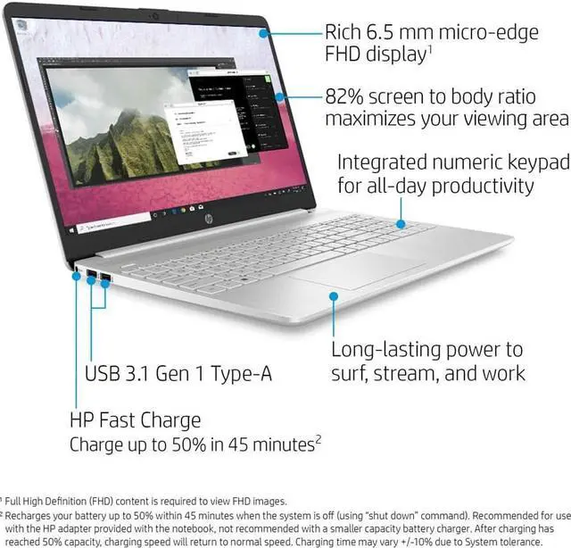 Alt view image 2 of 7 - HP 15-Inch FHD Laptop, 10th Gen Intel Core i5-1035G1, 8 GB RAM, 256 GB Solid-State Drive, Windows 10 Home (15-dy1036nr, Natural Silver) (2Z289UA#ABA)