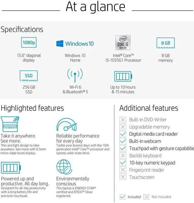 Alt view image 7 of 7 - HP 15-Inch FHD Laptop, 10th Gen Intel Core i5-1035G1, 8 GB RAM, 256 GB Solid-State Drive, Windows 10 Home (15-dy1036nr, Natural Silver) (2Z289UA#ABA)