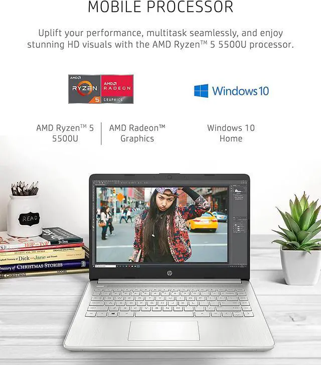 Alt view image 2 of 7 - HP 14 Laptop, AMD Ryzen 5 5500U, 8 GB RAM, 256 GB SSD Storage, 14-inch Full HD Display, Windows 10 Home, Thin & Portable, Micro-Edge & Anti-Glare Screen, Long Battery Life (14-fq1021nr, 2021)