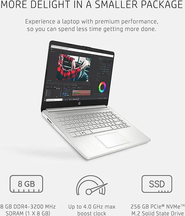 Alt view image 7 of 7 - HP 14 Laptop, AMD Ryzen 5 5500U, 8 GB RAM, 256 GB SSD Storage, 14-inch Full HD Display, Windows 10 Home, Thin & Portable, Micro-Edge & Anti-Glare Screen, Long Battery Life (14-fq1021nr, 2021)