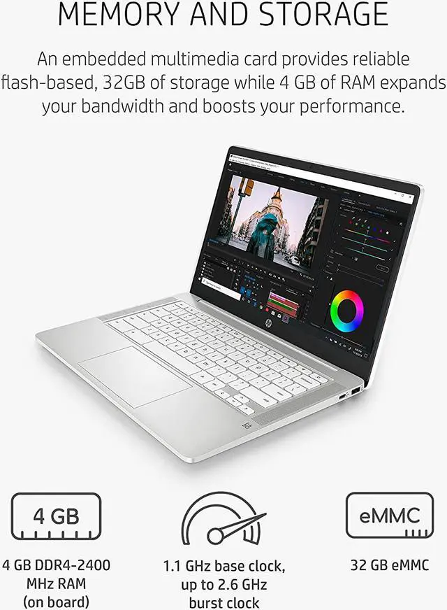 Alt view image 5 of 9 - HP Chromebook 14 Laptop, Intel Celeron N4000 Processor, 4 GB RAM, 32 GB eMMC, 14” HD Display, Chrome, Lightweight Computer with Webcam and Dual Mics, Home, School, Music, Movies (14a-na0021nr, 2021)
