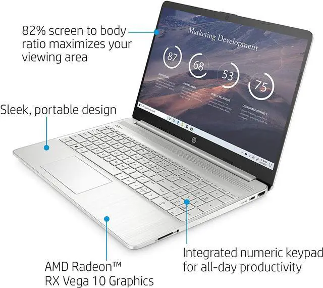 Alt view image 4 of 5 - HP 15 Laptop, AMD Ryzen 7 3700U Processor, 8 GB RAM, 256 GB SSD, HD Display, Windows 10 Home (15-ef0022nr, Natural Silver) Notebook