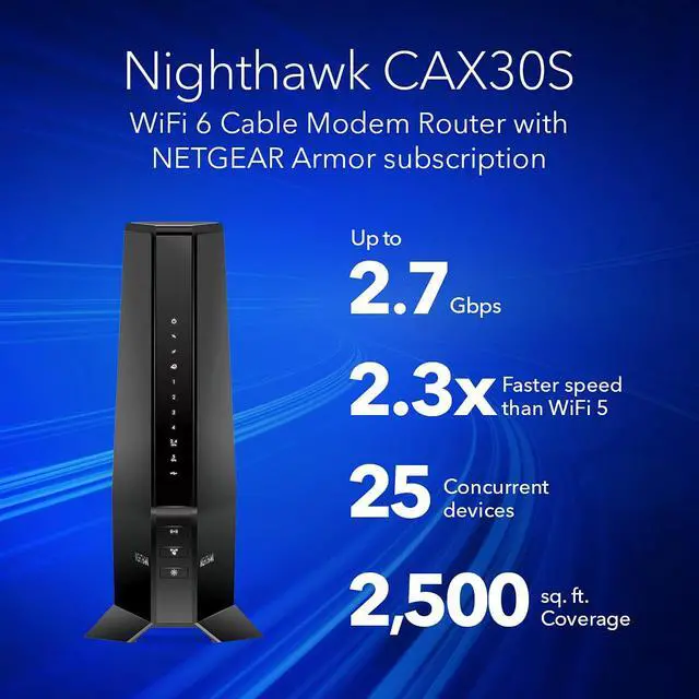 Alt view image 6 of 7 - Nighthawk DOCSIS 3.1 Two-in-One Cable Modem + WiFi 6 Router Combo, 2.7Gbps, 90-day of NETGEAR Armor included (CAX30S)