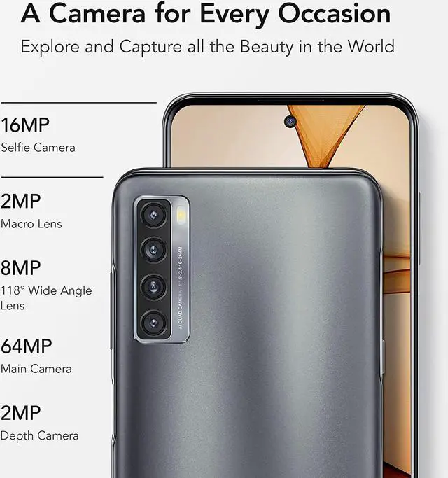 Alt view image 3 of 8 - TCL 20S Unlocked Android Smartphone with 6.67” Dotch FHD+ Display, 64MP Quad Rear Camera System, 128GB+4GB RAM, 5000mAh Battery with Fast Charging, Milky Way Black