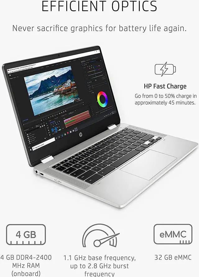 Alt view image 2 of 19 - HP Chromebook x360 14a-ca0040nr 14" HD Touch Laptop Intel Celeron N4020 1.10GHz up to 2.80GHz Intel UHD Graphics 600 4GB LPDDR4-2400 RAM 32GB eMMC ChromeOS - 4A6G3UA