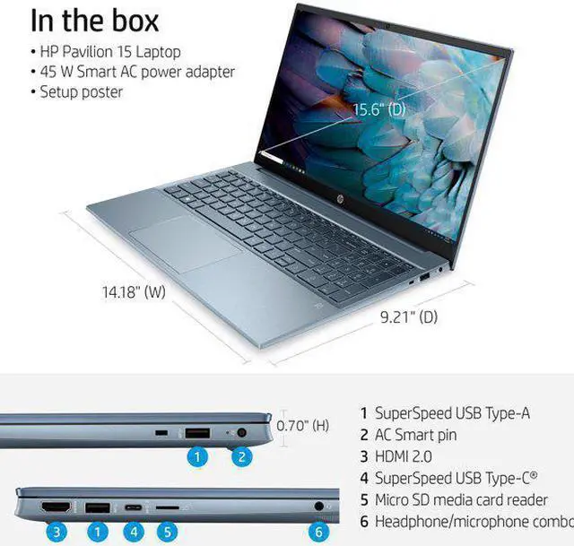 Alt view image 4 of 4 - HP Pavilion 15.6" FHD, AMD Ryzen 5-5500U, 8GB RAM, 512GB SSD, Horizon Blue, Windows 11, 15-eh1052wm Laptop Notebook
