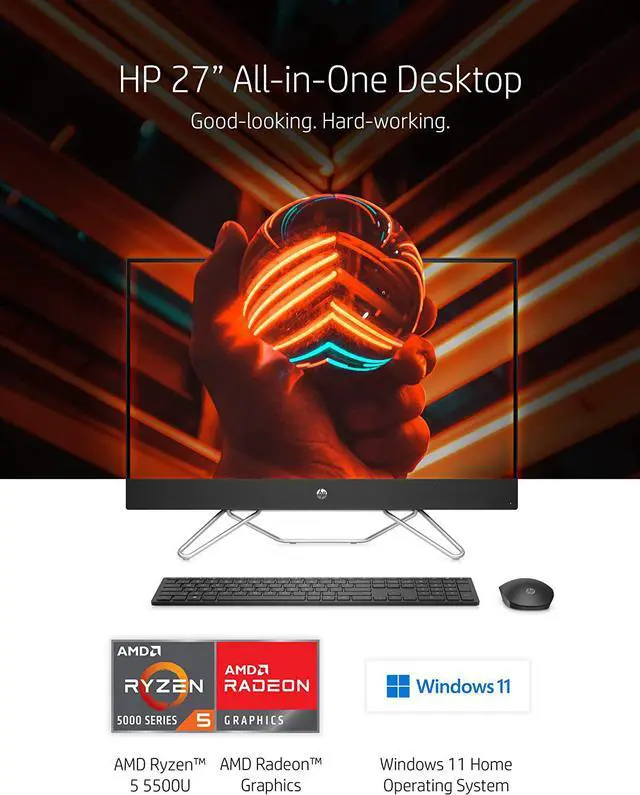 Alt view image 2 of 15 - HP 27 All-in-One Desktop, AMD Ryzen 5 5500U, 16 GB RAM, 512 GB SSD, Full HD IPS Touchscreen, Windows 11 Home, 4 USB Ports, Privacy Camera, Dual Mics, Wireless Keyboard and Mouse (27-cb0060, 2021)