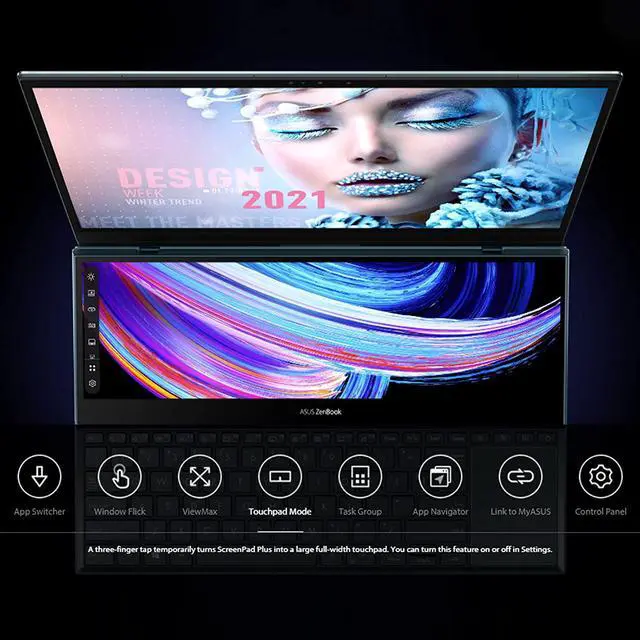 Alt view image 4 of 11 - ASUS ZenBook Pro Duo 15 OLED UX582 Laptop, 15.6 OLED 4K Touch Display, i7-12700H, 16GB, 1TB, GeForce RTX 3060, ScreenPad Plus, Windows 11 Home, Celestial Blue, UX582ZM-AS76T